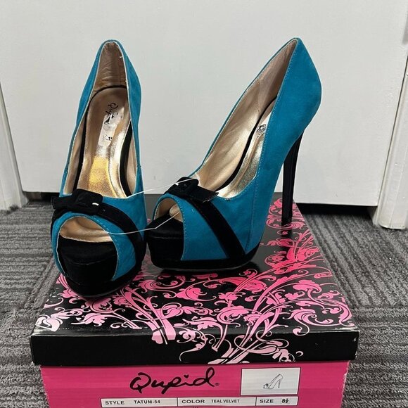 Qupid Tatum 47 teal velvet Ruched peep toe Platform Pumps  Sz 8 - Picture 1 of 8